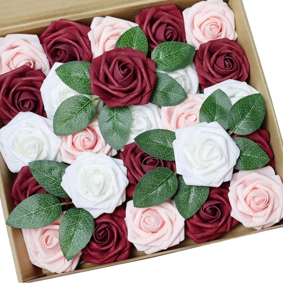 25 Count | Burgundy White Blush Roses Wedding Bouquet Flowers Centerpiece Decor - Picture 1 of 2